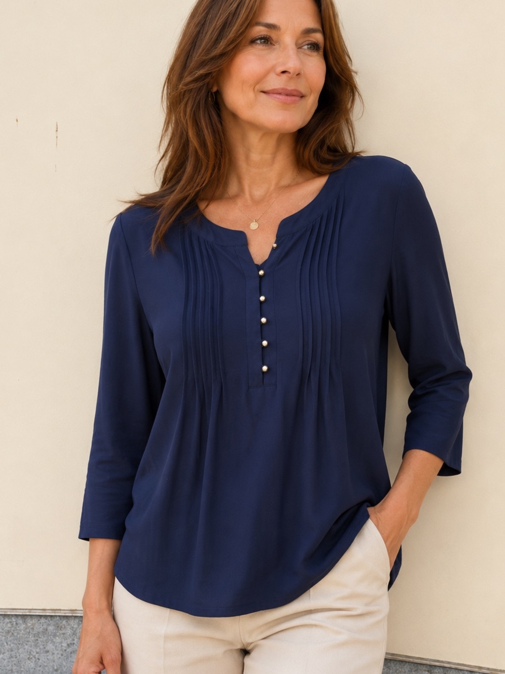 Navy Pleated Front Button Tunic Top - Women
